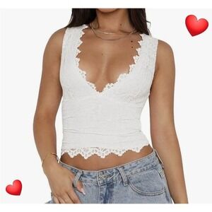 ReoRia White Lace V-Neck Tank Top Size Xl Extra Large Scalloped Hem Crop Top